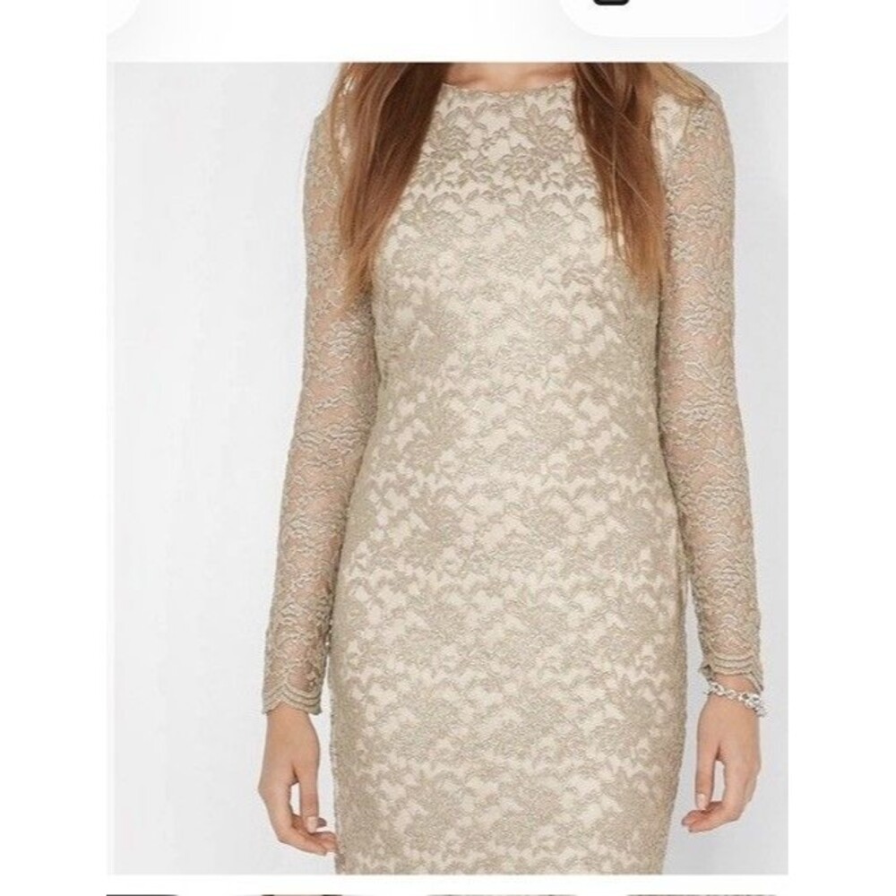 Ralph Lauren Gold Lace Scalloped Dress Tan Metallic Long Sleeve Midi Sheer Sz.12